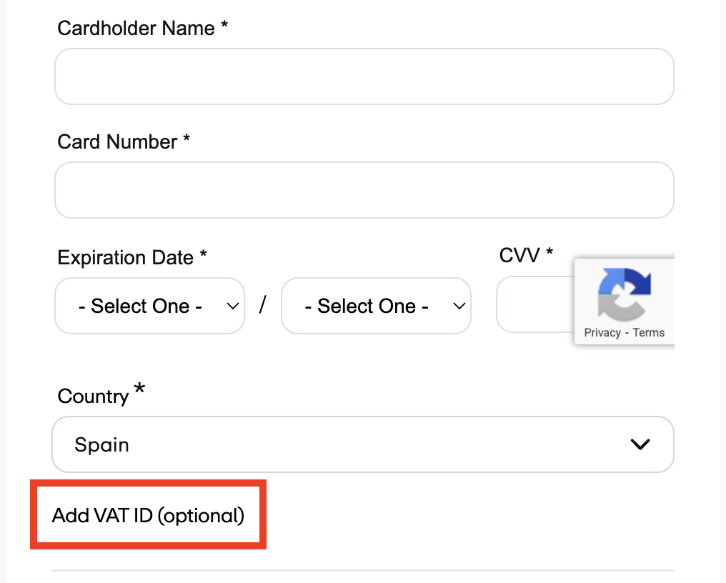 The Vimeo checkout form, with 'Add VAT ID (optional)' highlighted. It's located below the Country dropdown menu.