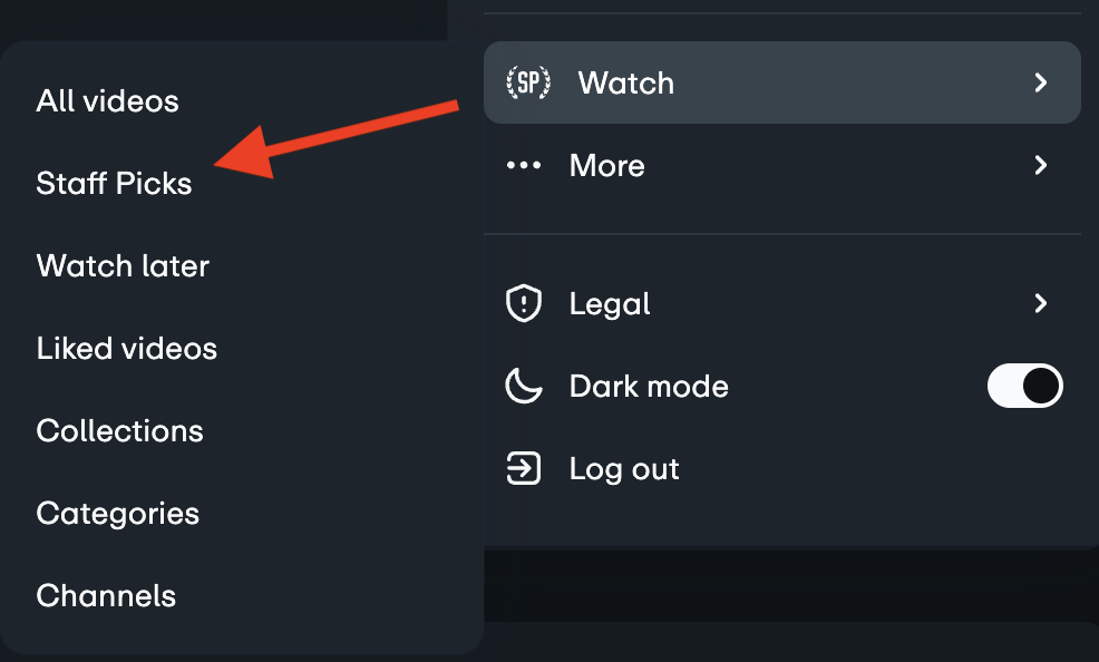 El menú de usuario de Vimeo, que muestra enlaces de contenido (Staff Picks) y el interruptor de modo oscuro.