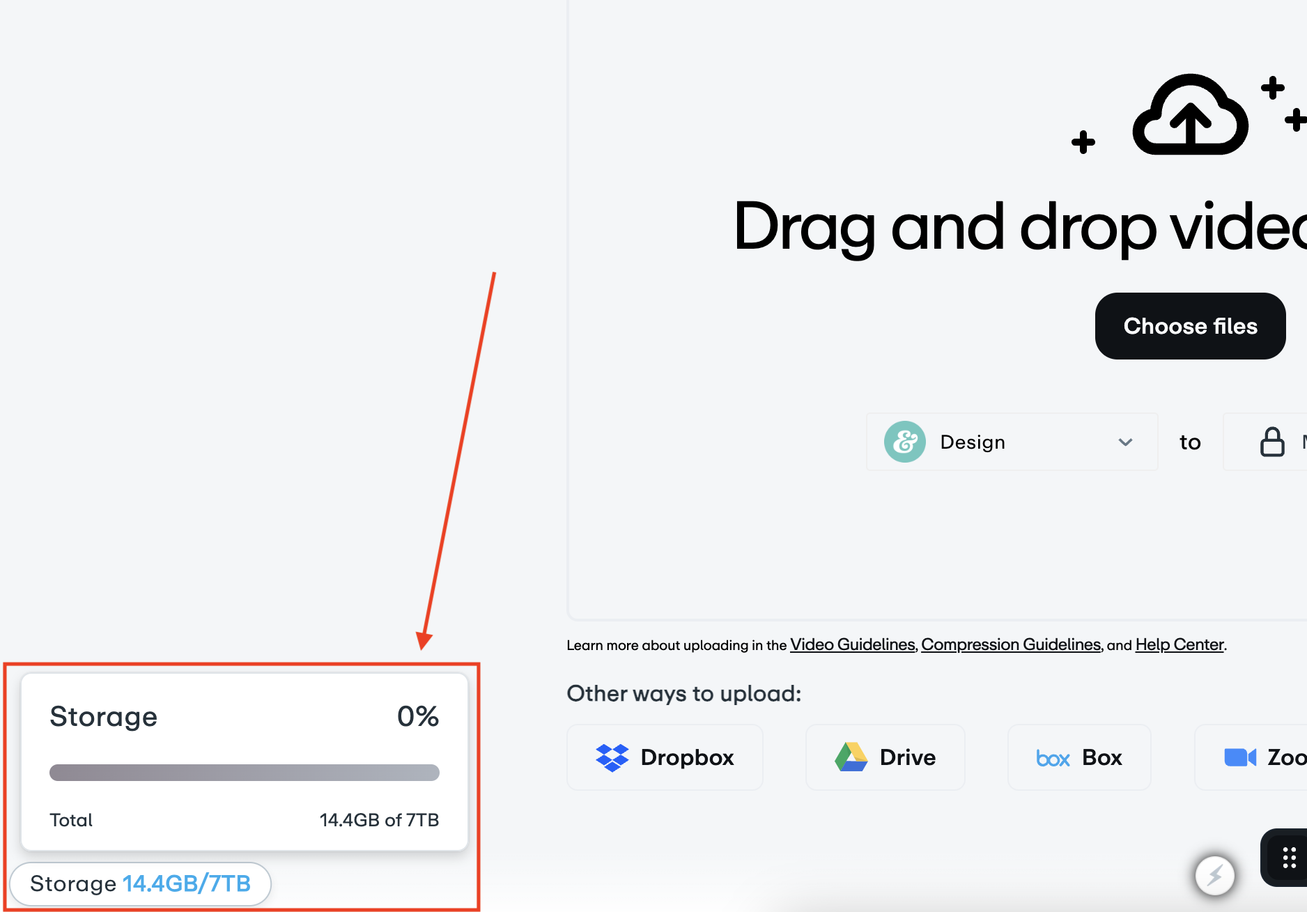 Le niveau de stockage vidéo affiché par Vimeo est situé dans le coin inférieur gauche de la page de mettre en ligne.