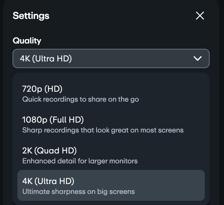 A setting drop down image showing all the available recording quality : 4K ultra HD being the highest available one. Also has 2K quad HD, 1080p Full HD and 720 P hd