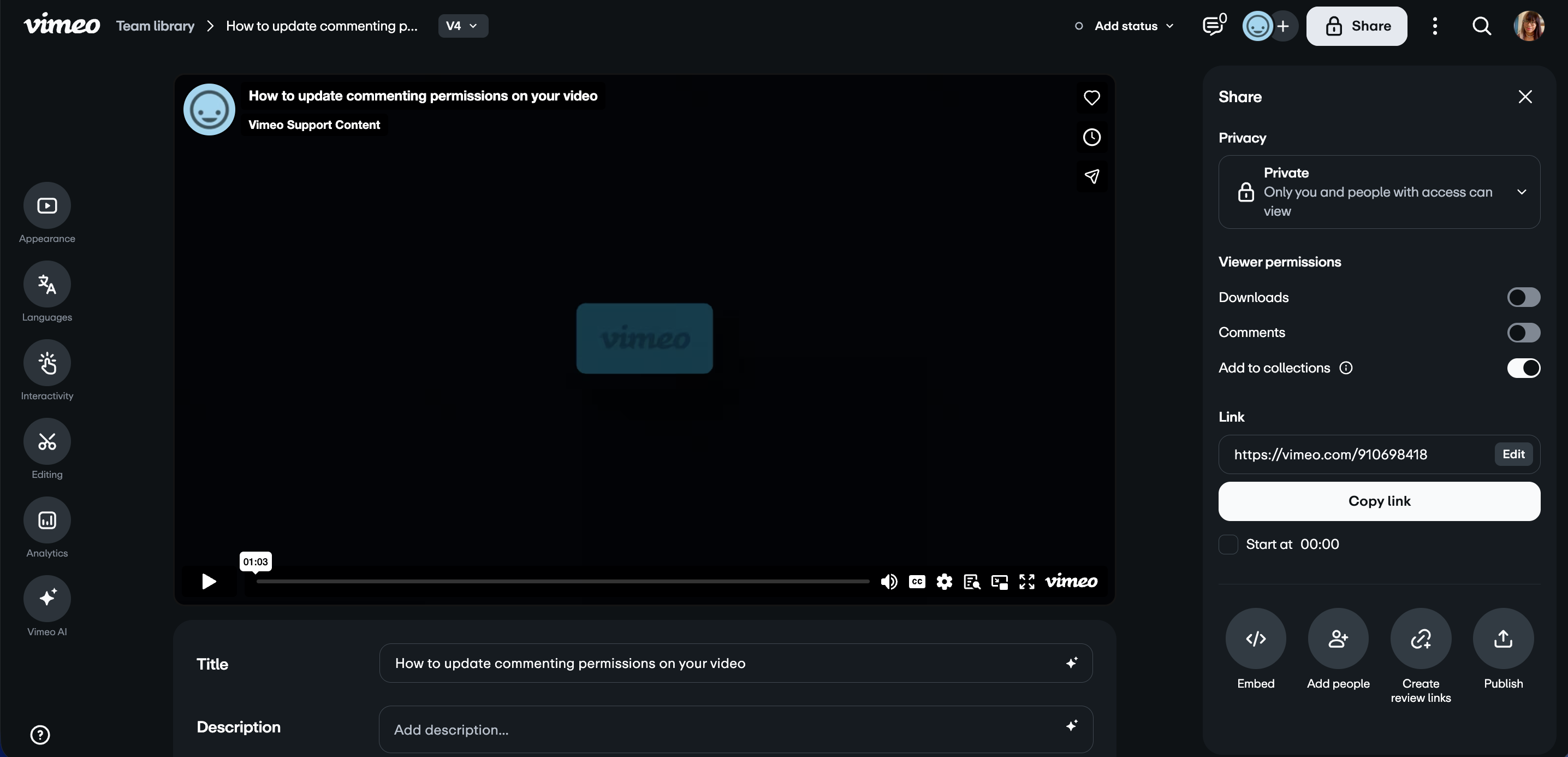 Vista general de la página de configuración de vídeo