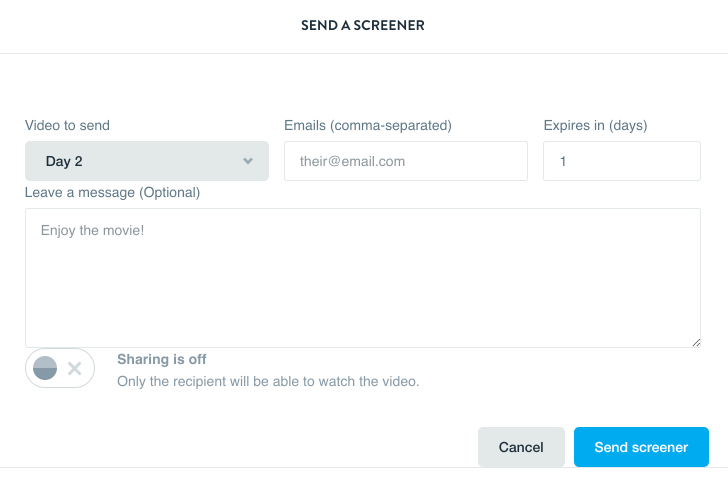Screenshot of a screener having fields like video to send, emails and expiry , it also has space for additional message, and has a Send screener button.