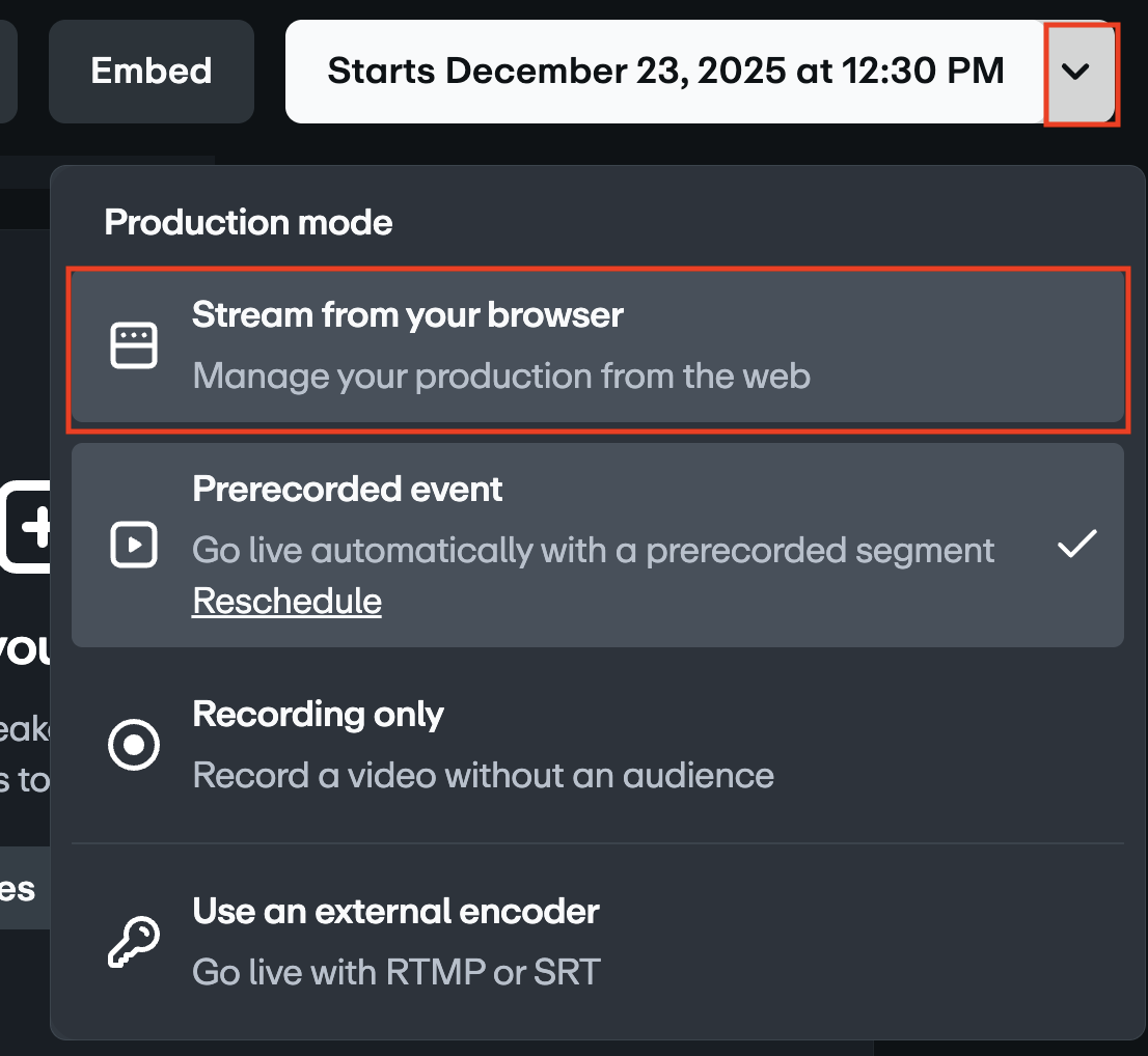 Web production tool menu highlighting the dropdown arrow and the ''Stream from your browser" option. 