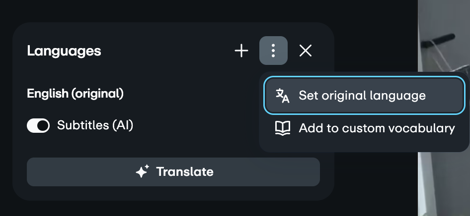 Aba Idiomas na página de configurações de vídeo, menu móvel aberto e "definir idioma original" em destaque