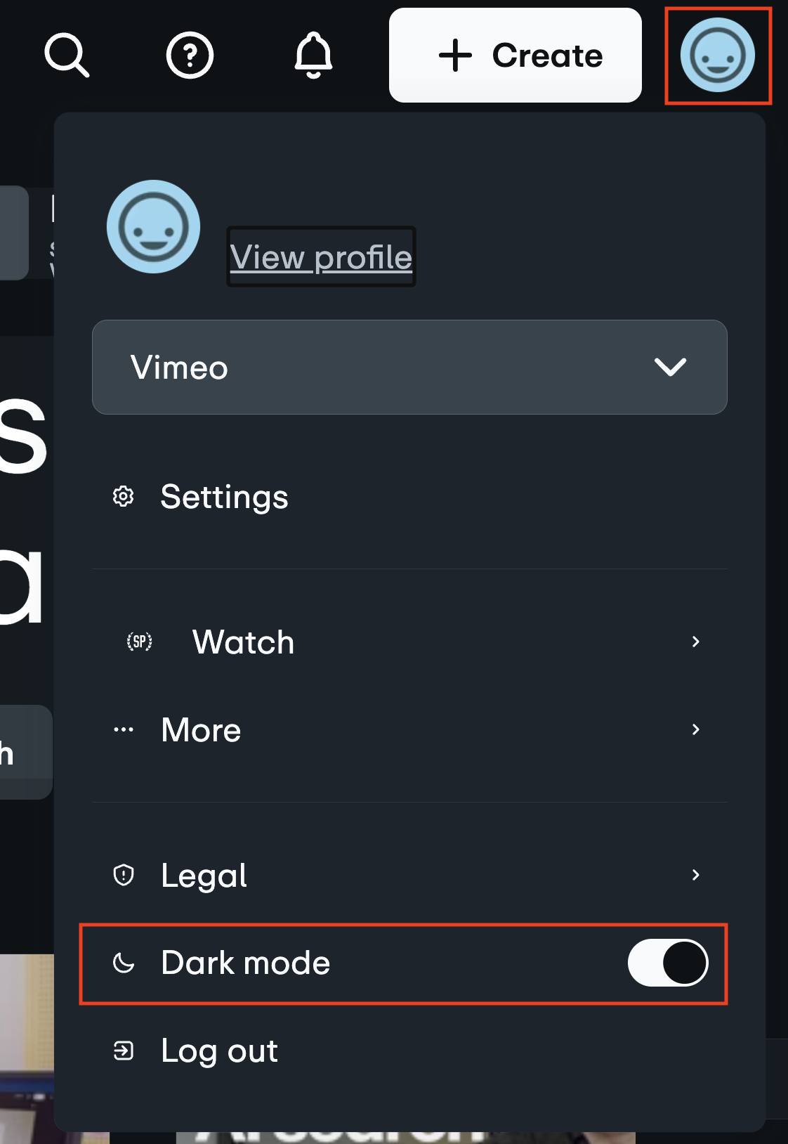 Un menú de perfil de Vimeo que muestra el interruptor de modo oscuro ubicado en la parte inferior de la lista del menú.