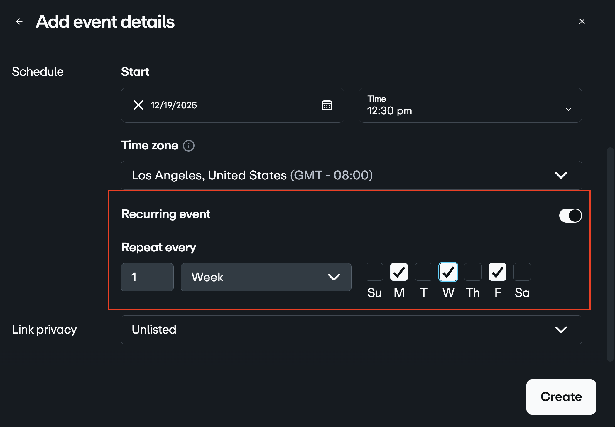 La pantalla Agregar detalles del evento muestra el interruptor “Evento recurrente” activado con opciones de programación para los días de la semana.