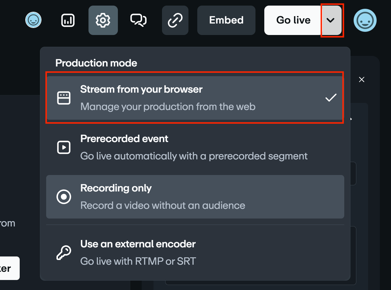 Production mode menu highlighting the dropdown arrow next to the 'Go live' button and the 'Stream from your browser' option, illustrating the sequence to select the browser-based streaming method.