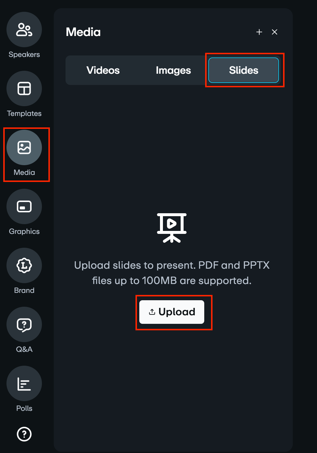 Media settings panel highlighting the 'Media' icon in the sidebar, the 'Slides' tab, and the 'Upload' button, illustrating the sequence to import PDF or PPTX presentation slides.