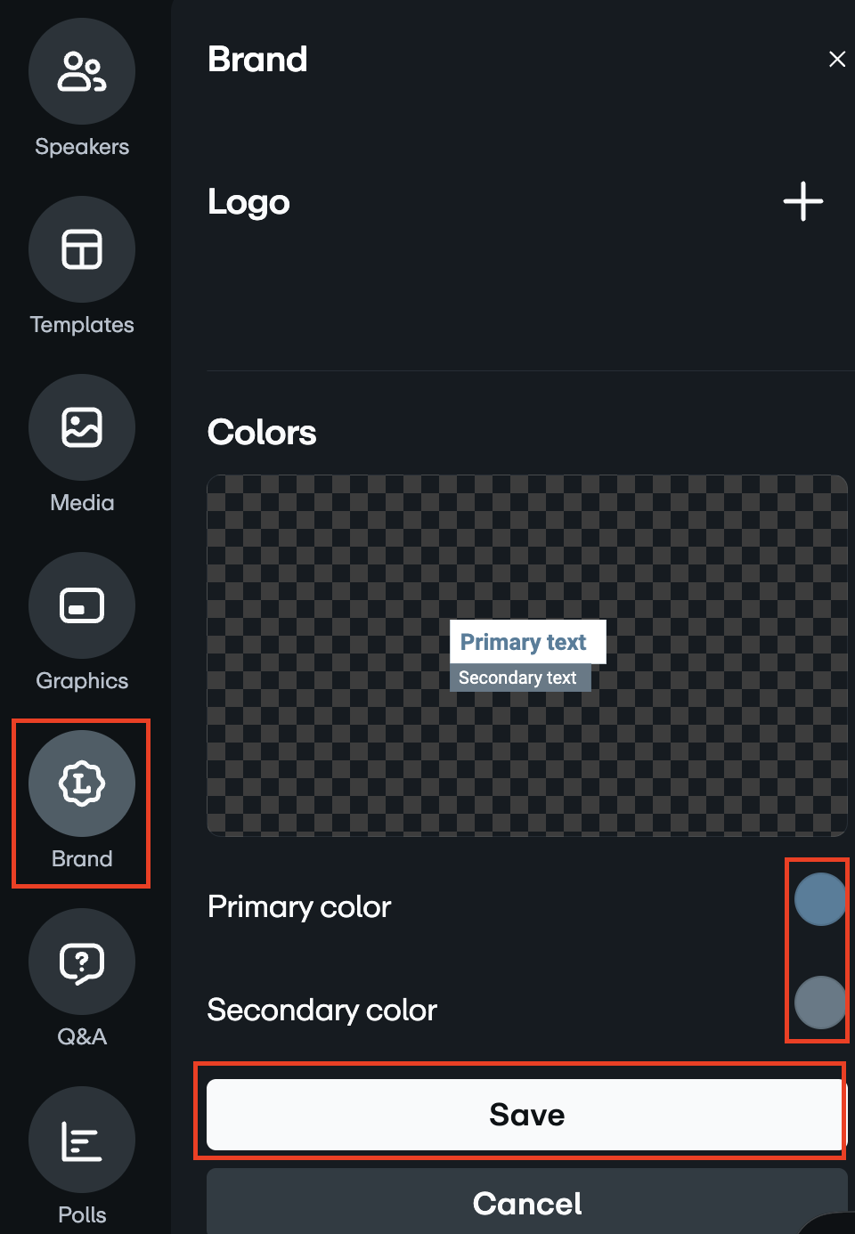 Left-side toolbar with the Brand icon highlighted in a red box. In the 'Colors' section, the color selection swatches on the right are highlighted in a red box, and the Save button at the bottom is also highlighted in a red box.