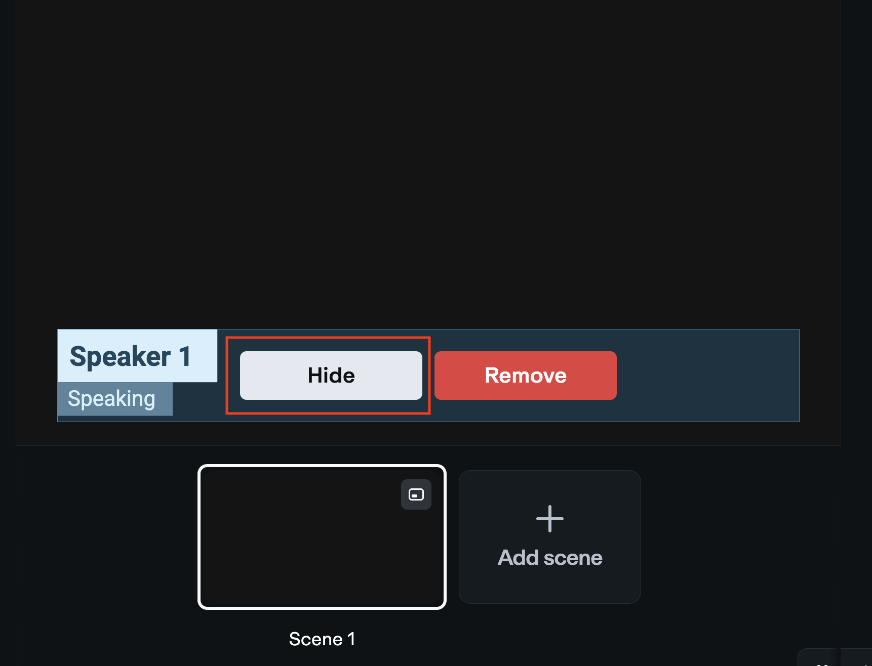 Video preview screen displaying an active lower third graphic for 'Speaker 1'. The Hide button in the control overlay is highlighted in a red box.