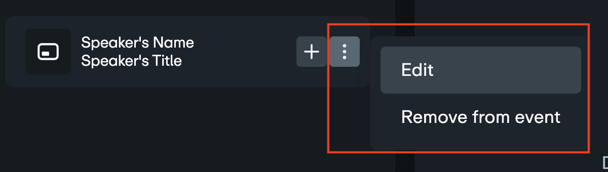 Listenelement im unteren Drittel mit erweitertem Optionsmenü. Das Drei-Punkte-Menüsymbol und die Dropdown-Liste mit den Optionen „Bearbeiten“ und „Aus Ereignis entfernen“ sind rot umrandet.