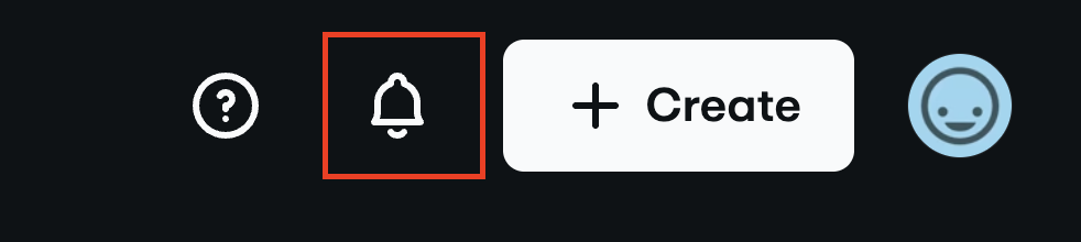 Top navigation bar displaying the notification bell icon highlighted in a red box, positioned to the left of the + Create button.