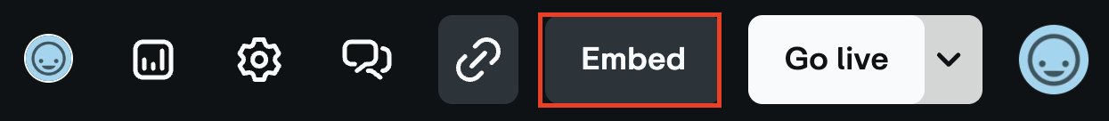 Top toolbar featuring control icons and action buttons. The Embed button is highlighted in a red box, located between the link icon and the Go live button.