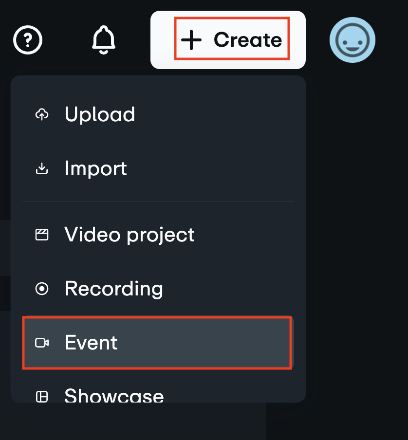Obere Navigationsleiste mit der Schaltfläche „+ Erstellen“, die in einem roten Rahmen hervorgehoben ist. Das Dropdown-Menü „Erstellen“ wird erweitert, und die Option „Ereignis“ wird in einem roten Rahmen hervorgehoben.
