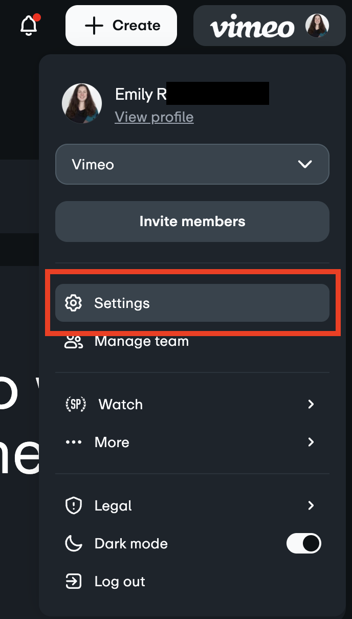The vimeo main navigation dropdown menu opened with the Settlings option highlighted. It's the first option below Invite members.