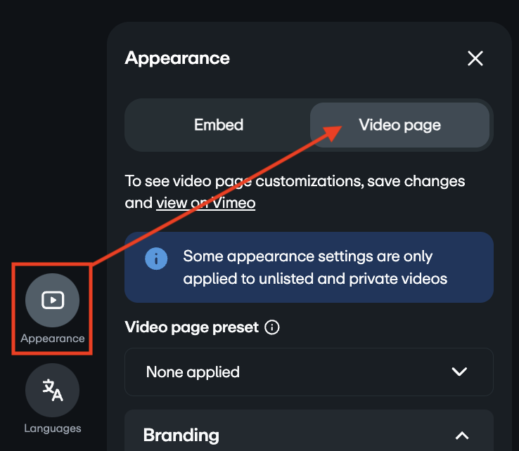 Appearance panel on video settings page with an arrow pointing to the video page tab 