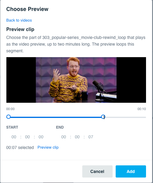 Preview clip window with Start and End times and a Preview clip link