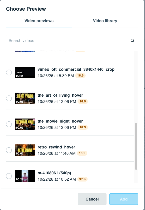 Choose Preview window, Video previews tab
