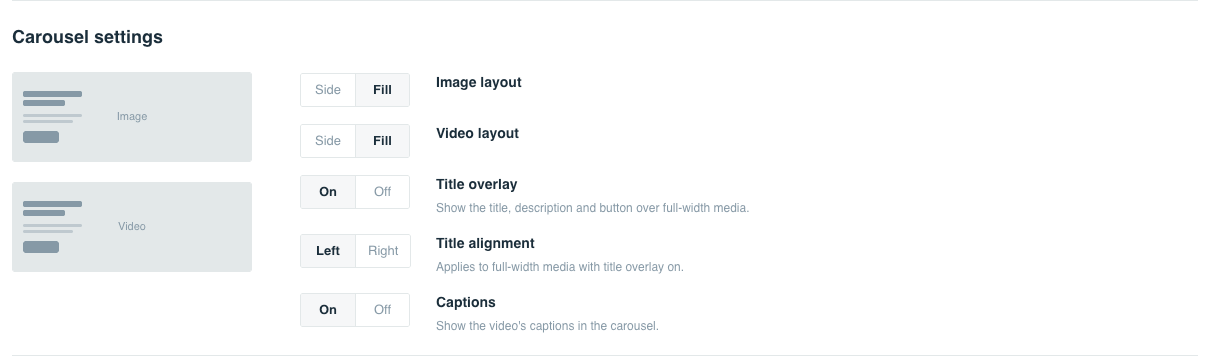 Carousel settings for image layout, video layout, title overlay, title alignment, and captions